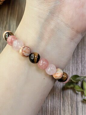 Soothing Body & Mind Handcrafted Bracelet Tiger Stone Rose Quartz Pink Jasper